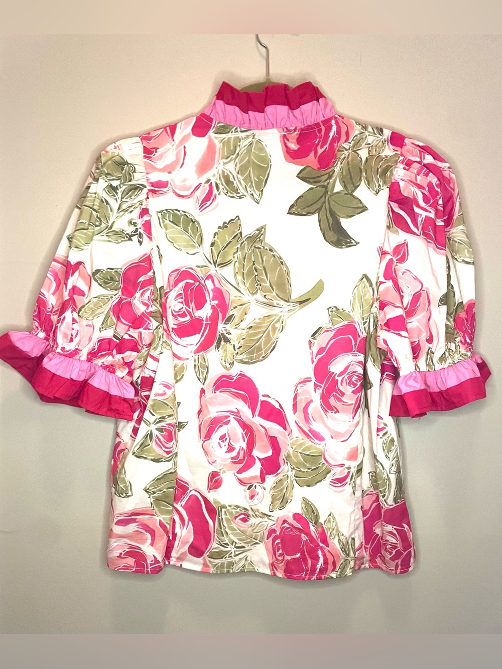 ENTRO Pink Rose Floral Ruffle Puff Sleeve Blouse Top - Picture 3 of 5